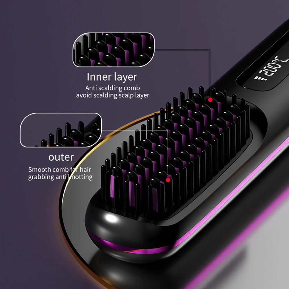 Hair Straightener Brush USB Rechargeable Cordless Negative Ions Hot Brush Electric Fluffy Curly Hair Styling Detangling Comb