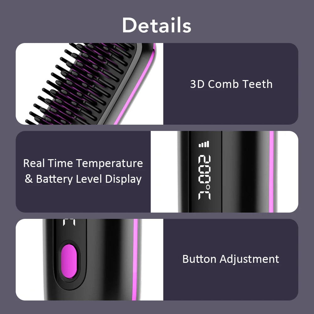 Hair Straightener Brush USB Rechargeable Cordless Negative Ions Hot Brush Electric Fluffy Curly Hair Styling Detangling Comb