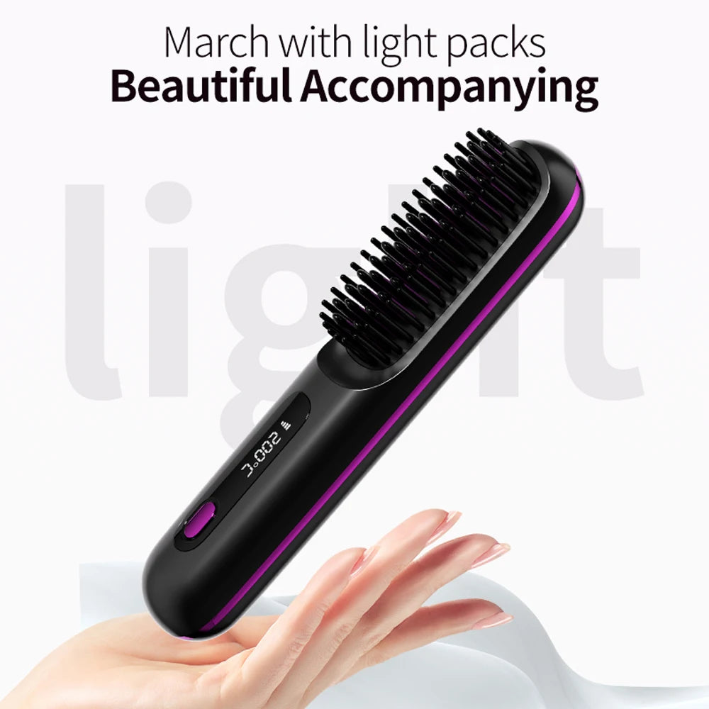 Hair Straightener Brush USB Rechargeable Cordless Negative Ions Hot Brush Electric Fluffy Curly Hair Styling Detangling Comb