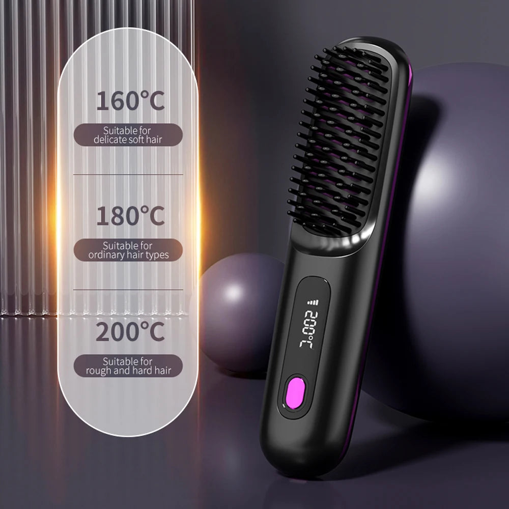 Hair Straightener Brush USB Rechargeable Cordless Negative Ions Hot Brush Electric Fluffy Curly Hair Styling Detangling Comb