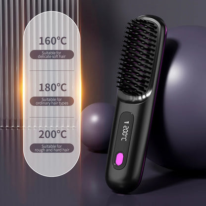 Hair Straightener Brush USB Rechargeable Cordless Negative Ions Hot Brush Electric Fluffy Curly Hair Styling Detangling Comb